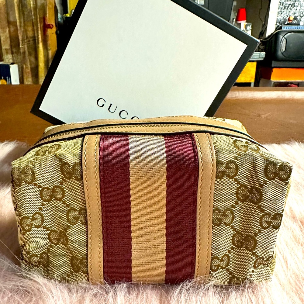 Gucci GG Canvas Sherry Line Pouch Beige Wine Red